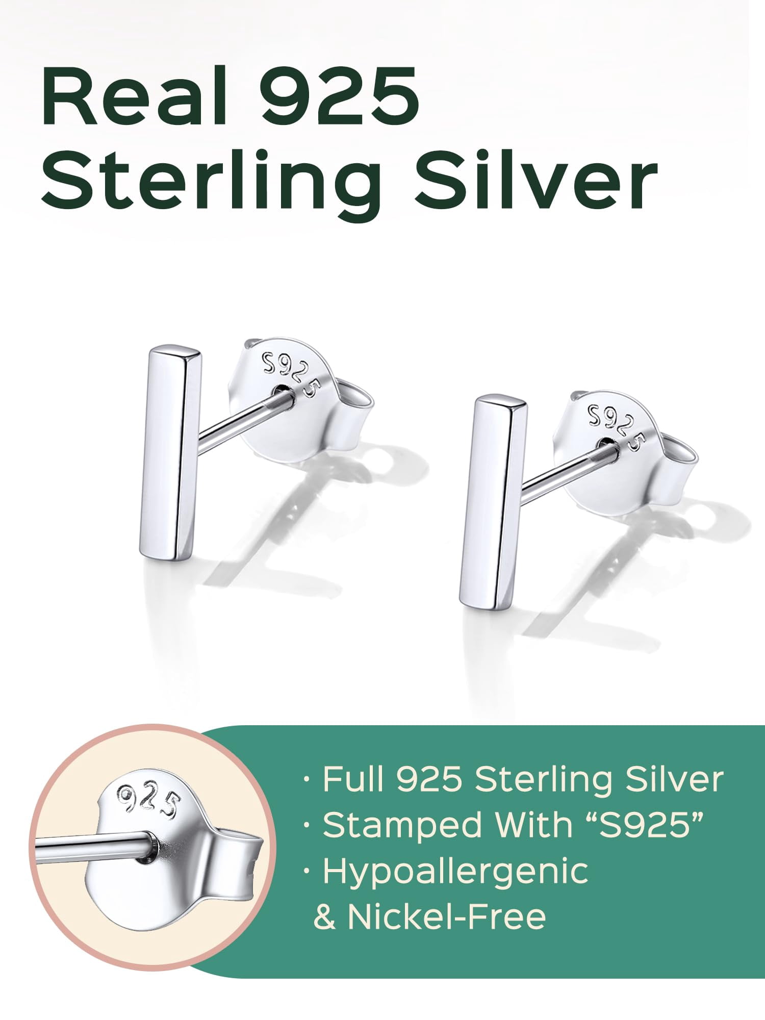 ChicSilver Bar Earrings for Women Men 925 Sterling Silver Ear Studs Ladies Simple Stud Earrings Hypoallergenic Jewelry Gift