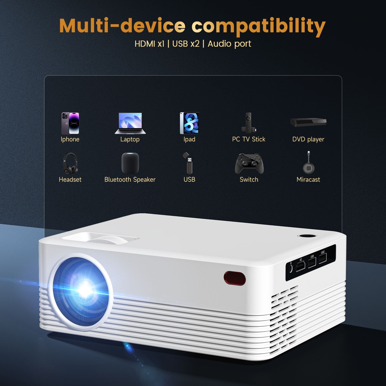 BDQ Projector with WiFi and Bluetooth,Support 8K 1080P,250ANSI,Portable Projector with Rack,40"-200" Screen Video,Compatible with Smartphone,TV Stick,Laptop,HDMI,USB（White）