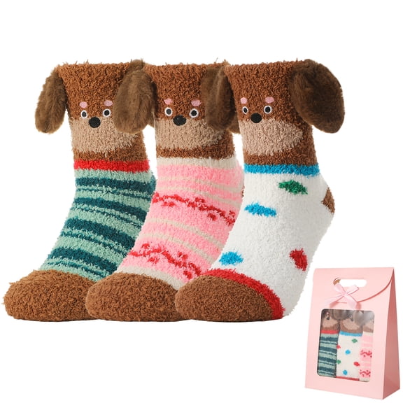 Bocaoying 3 Pack Women‘s Fuzzy Winter Socks - Coral Fleece Thick Warm Sleep Socks with 3D Dog Ears & Pink Bow Gift Bag, Cozy Plush Puppy Socks for Home & Bedroom