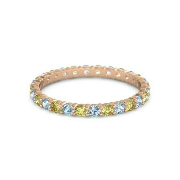 Round Eternity Aquamarine Yellow Tourmaline 925 Sterling Silver Rose Plated Ring