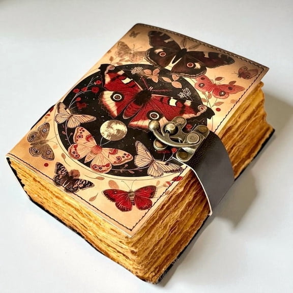Butterfly Leather Grimoire - Vintage Butterfly Leather Journal – Handmade Paper – 5x7 Inch – 200 Pages