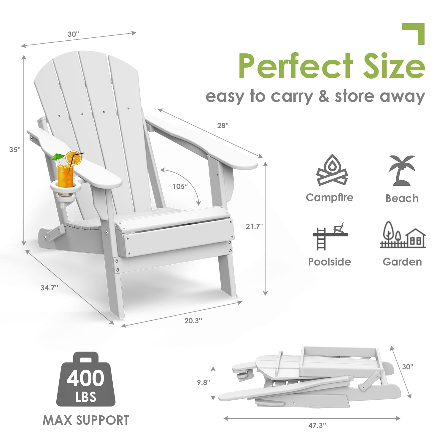 Folding Adirondack Chair HDPE Weather Resistant Patio Chairs w/Cup Holder for Fire Pit, Deck, Outdoor, White(Set of 2)