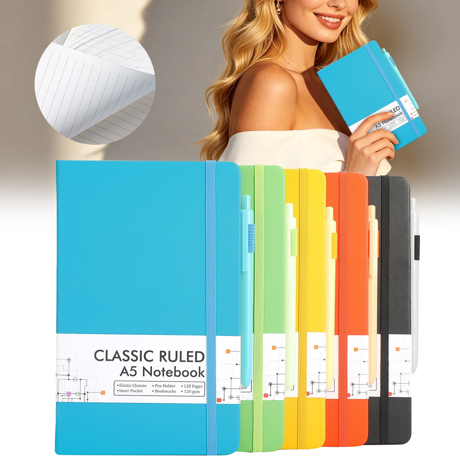CHELIASD 5 Pack Journal Notebooks for Work with 5 Pens, A5 Hardcover Notebook，Business Notebooks, College Ruled Notebook for Men 120 GSM 5.1”x8.3” A5 Colors 5ml