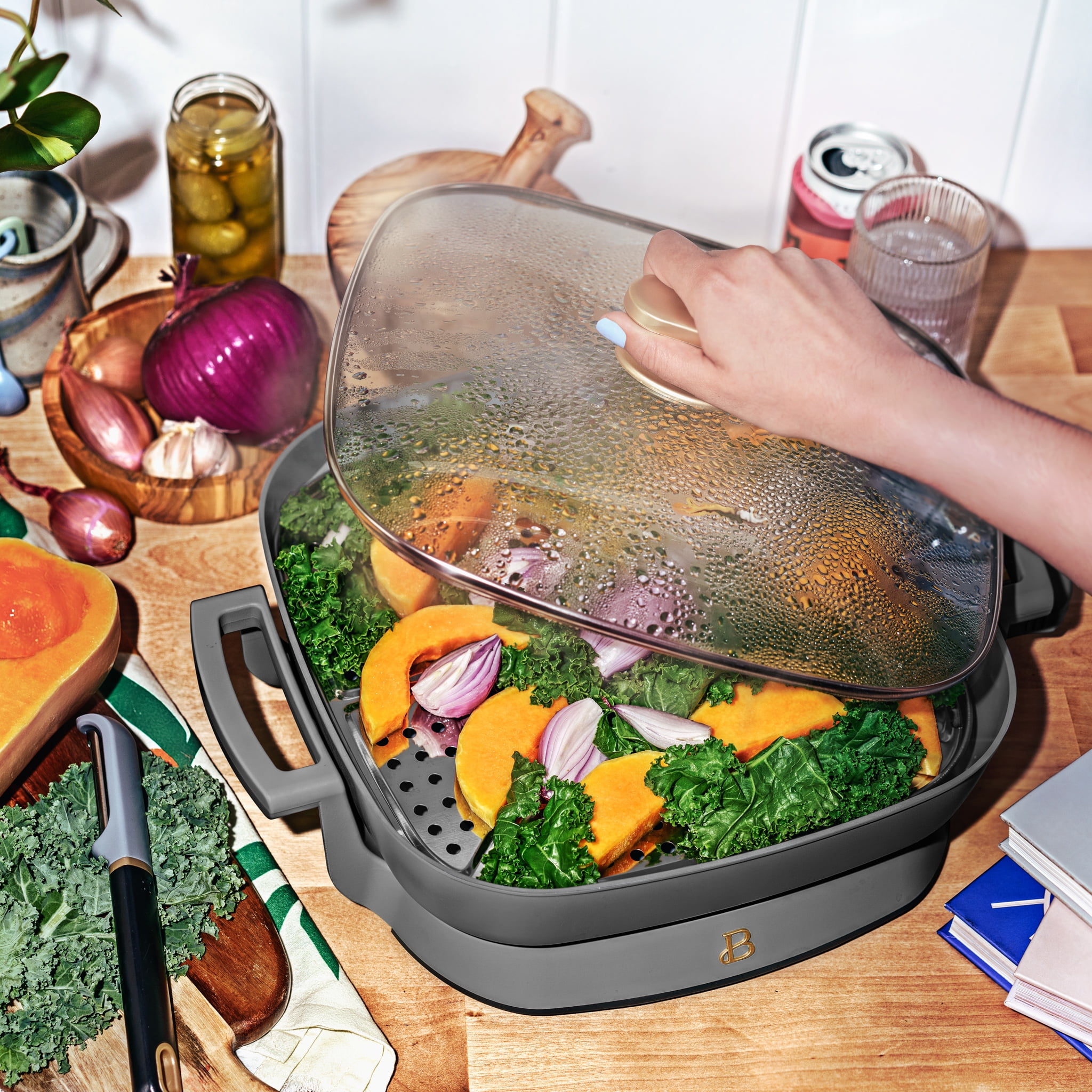 Beautiful 5 in 1 Electric Skillet - Expandable up to 7 Qt with Glass Lid, Oyster Gray by Drew Barrymore