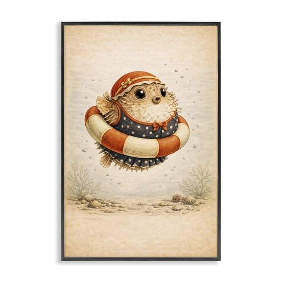 Stupell Industries Pufferfish Of Maritime Bathing Society Black Framed Giclee Art, design by Grotto Studios
