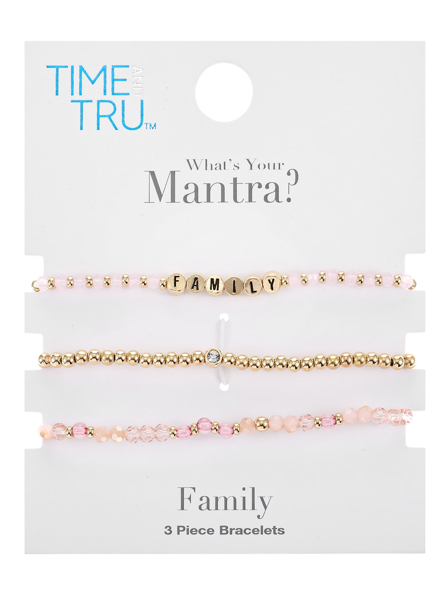 Time and Tru Goldtone Beaded Stretch Bracelets, Family Mantra, 3 Pieces, Female, Pink