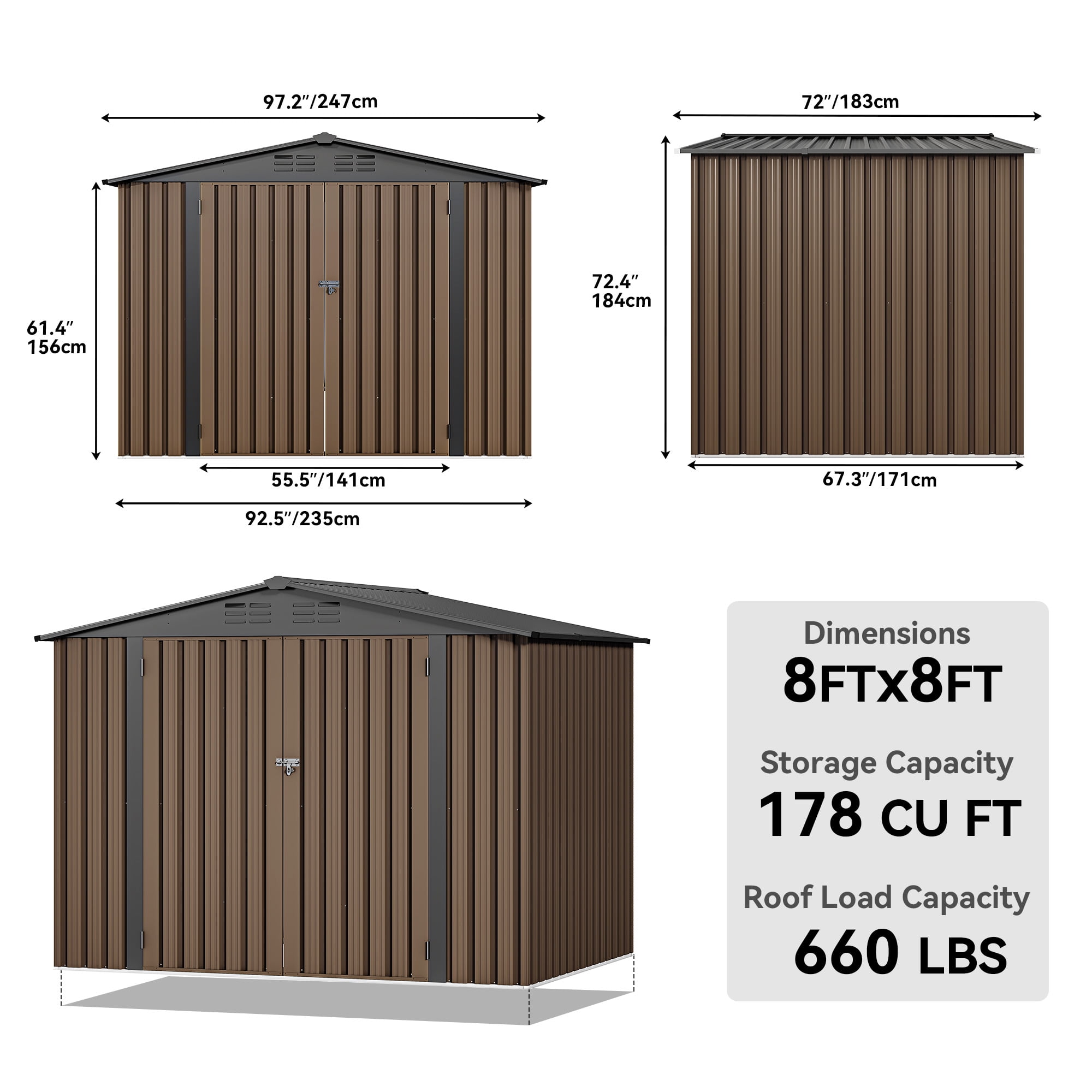 Dextrus 8x6 FT Outdoor Storage Shed with Lockable Doors & Air Vent, Large Metal Tool Sheds House for Backyard Patio to Store Bikes, Tools,Brown