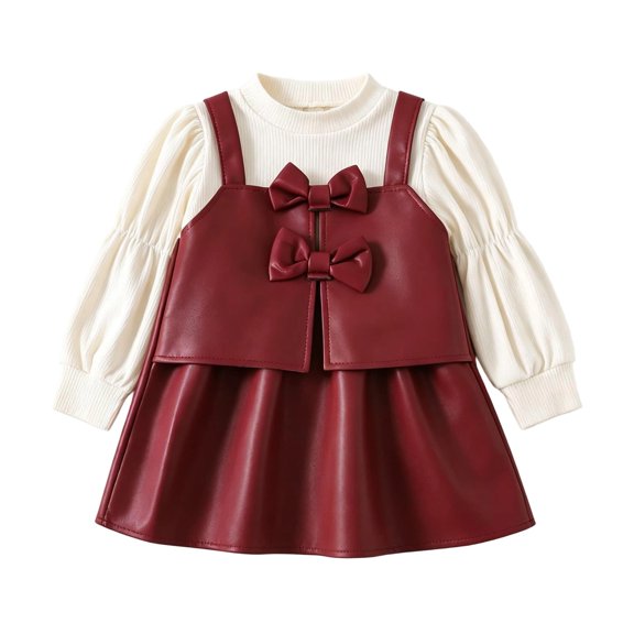 CPNG Girls 2 Piece Outfits Crewneck Puff Long Sleeve Top and Leather A-Line Suspender Dress Set Kids Daily Casual Outfit
