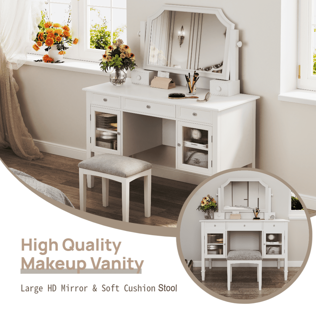 MODERNLUXE Makeup Vanity Desk with Mirror,Dressing Table Set with 5 Drawers, 2 Cabinets and Stool,Space-Saving Beauty Station for Bedroom,White