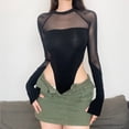 thumbnail image 4 of Body de manga larga con costuras de malla y cuello redondo ajustado de una pieza para mujer para moldear el cuerpo Negro L, 4 of 8