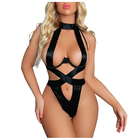 

AMLBB Sexy Lingerie Set For Women Babydoll Rompers Halter Neck Hollow Out Jumpsuit Sleepwear Lingerie Bodysuit on Clearance