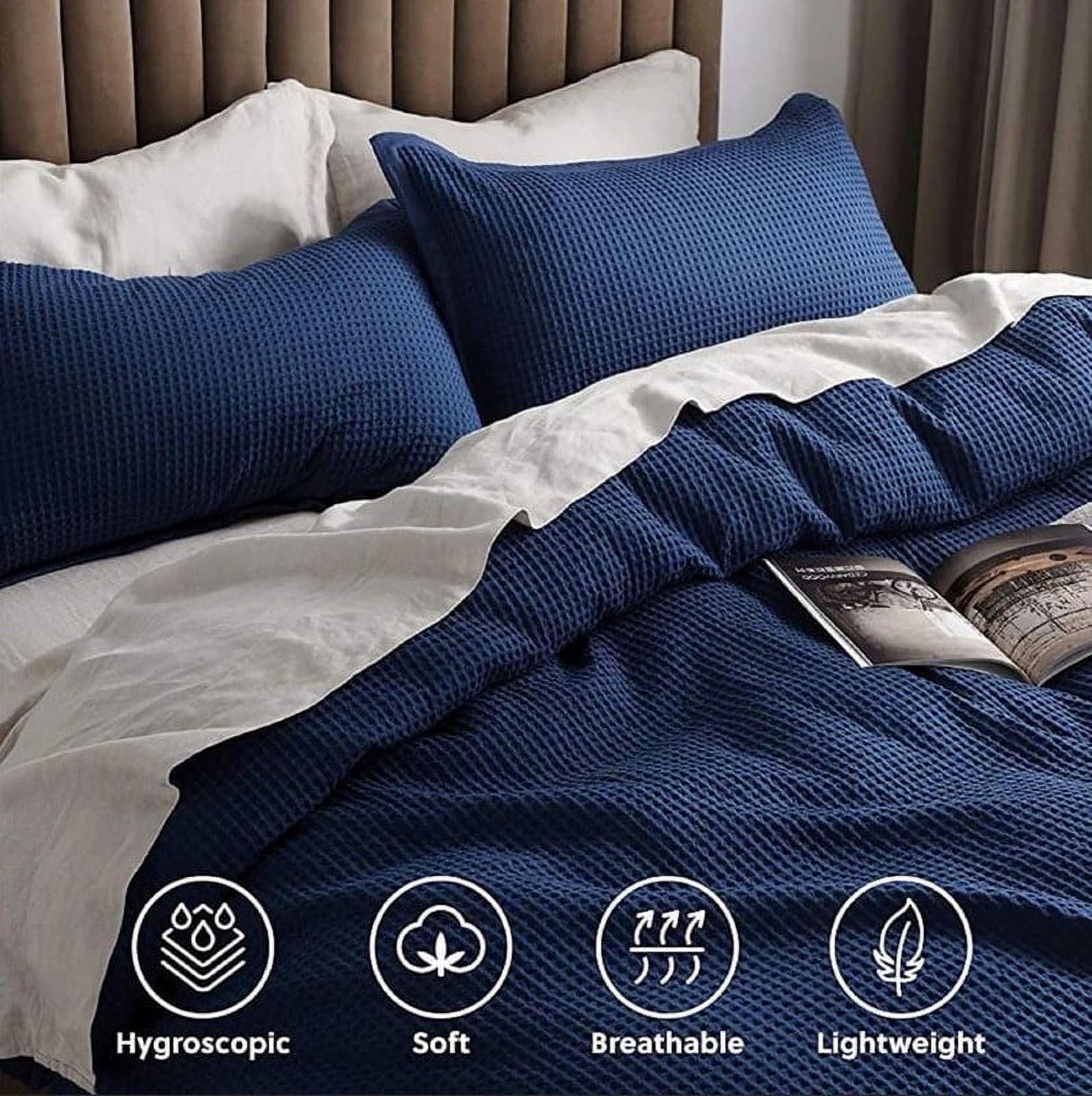 Pavish Export Waffle Cotton Duvet Cover In Navy Blue 100% Cotton Waffle Weave Bedding Set with 2 Pillow Shams Comforter and Quilt Cover Queen