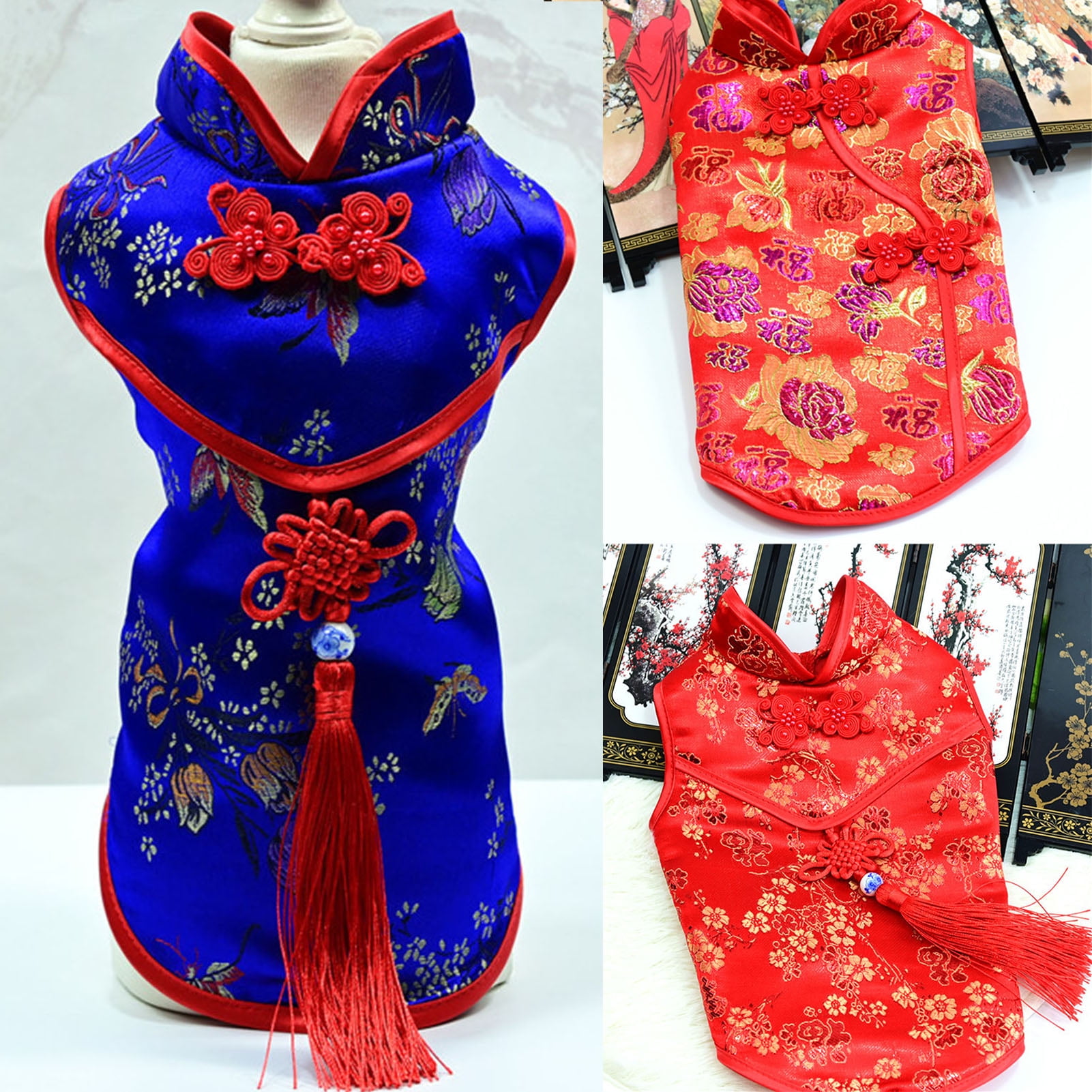 Visland Pet Costume Tang Suit Dog Cheongsam Satin Clothes Chinese Style Clothing for Dogs Pet Skirt Puppy Cats Dress Dog Vest Tshirt