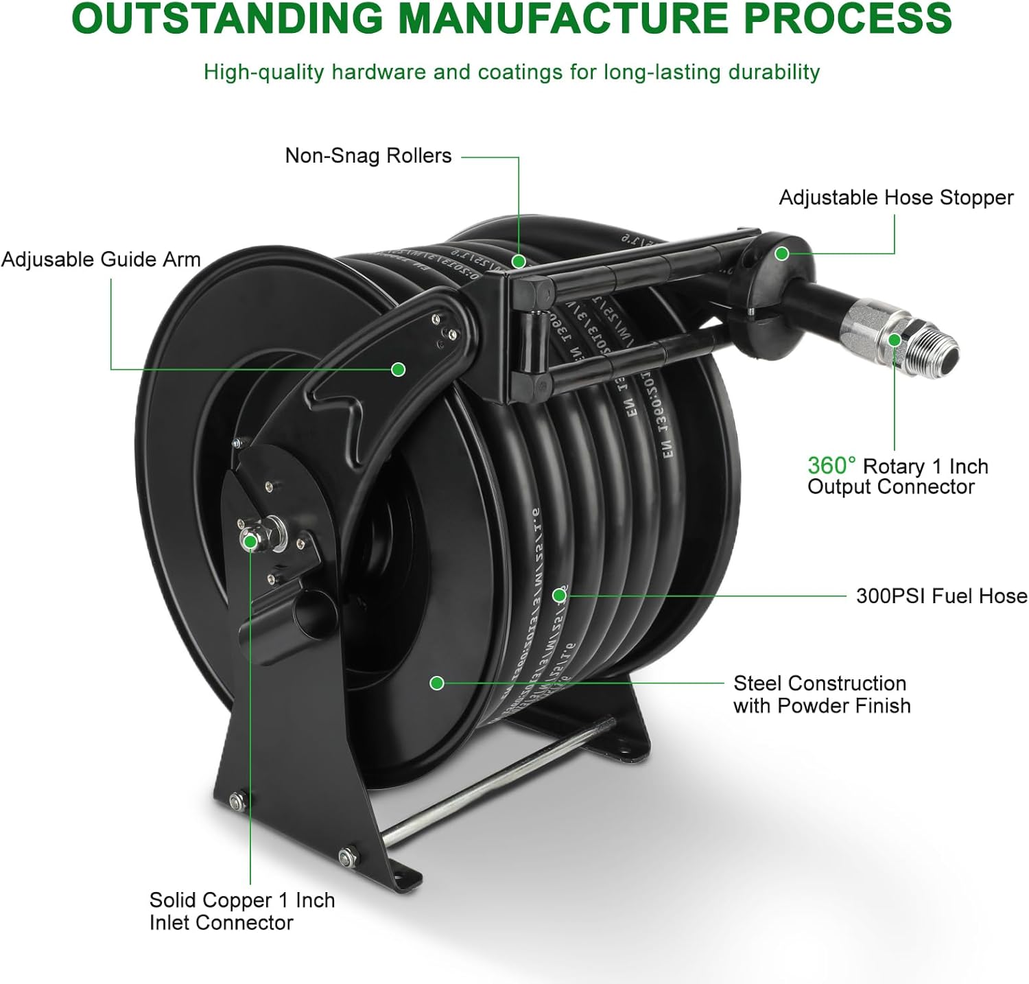 XUTUMM Fuel Hose Reel Retractable 1" x 50' Adjustable Dual Arm, All-weatherAuto Rewind, Heavy Duty Steel, with Fueling Nozzle for Aircraft Ship Vehicle Tank Truck, 300 PSI