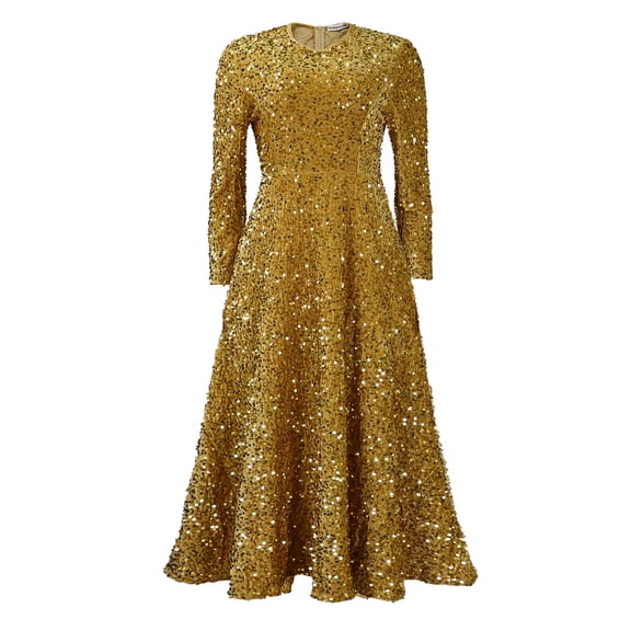 AURA Women’s Sequin A-Line Dress Round Neck Long Sleeve High Waist Mid-Length Zipper S-XXXL