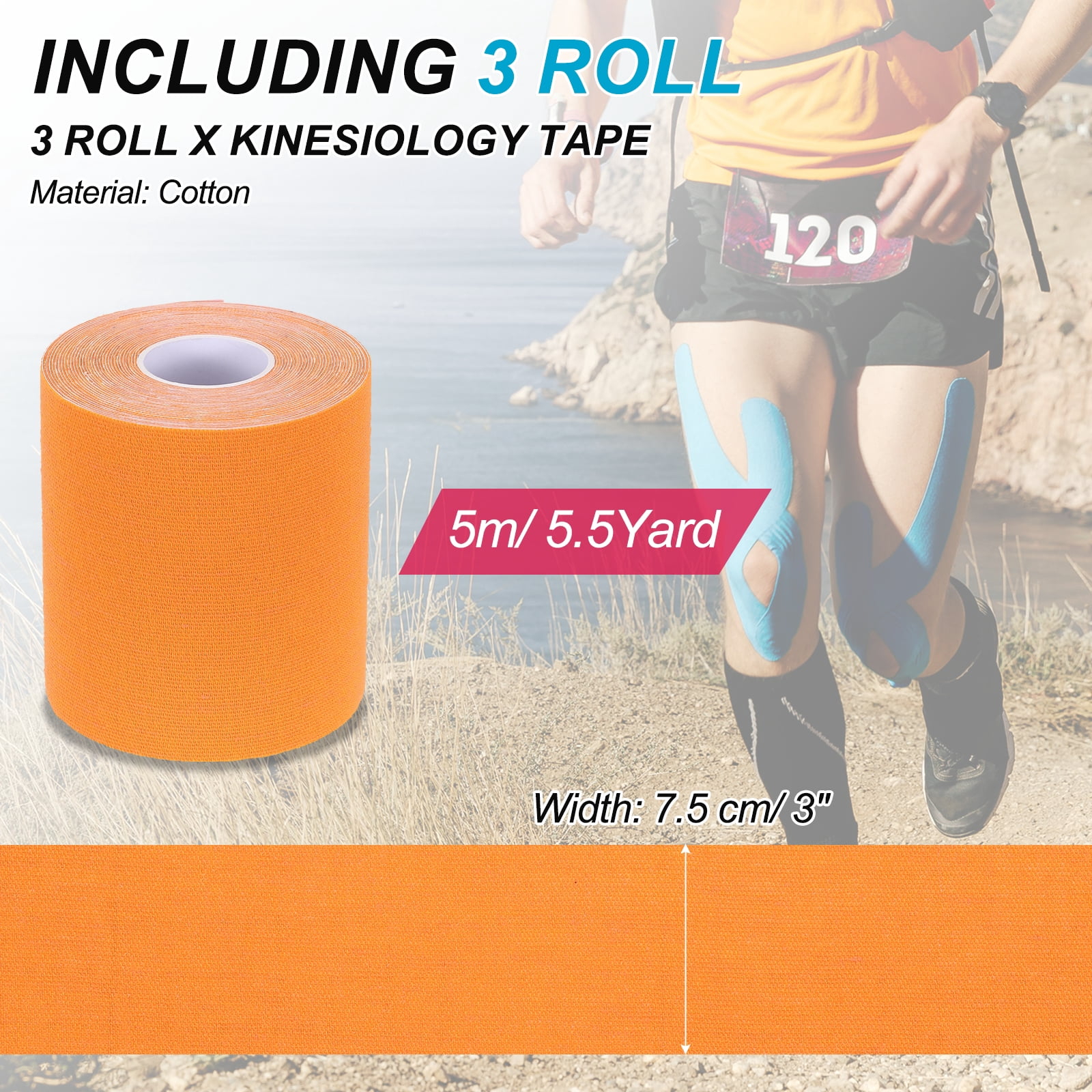 Uxcell 5.5 Yard x 3 Inch Kinesiology Tape, Adhesive Cotton Sports Muscle Support Tapes Waterproof Elastic Tape Orange 3 Roll