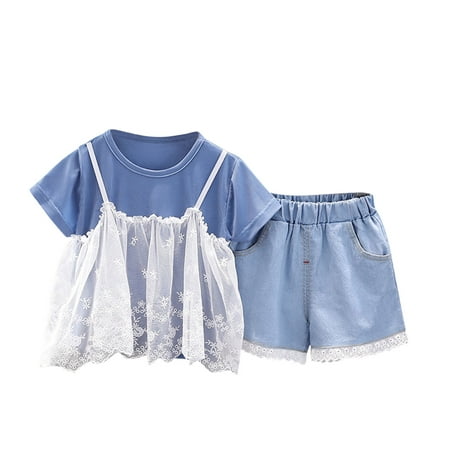 

Toddler Kids Girl Clothes Summer Short Sleeve Lace Ribbed Ruffle T Shirt Tops Denim Shorts Casual 2Pcs Outfits Set