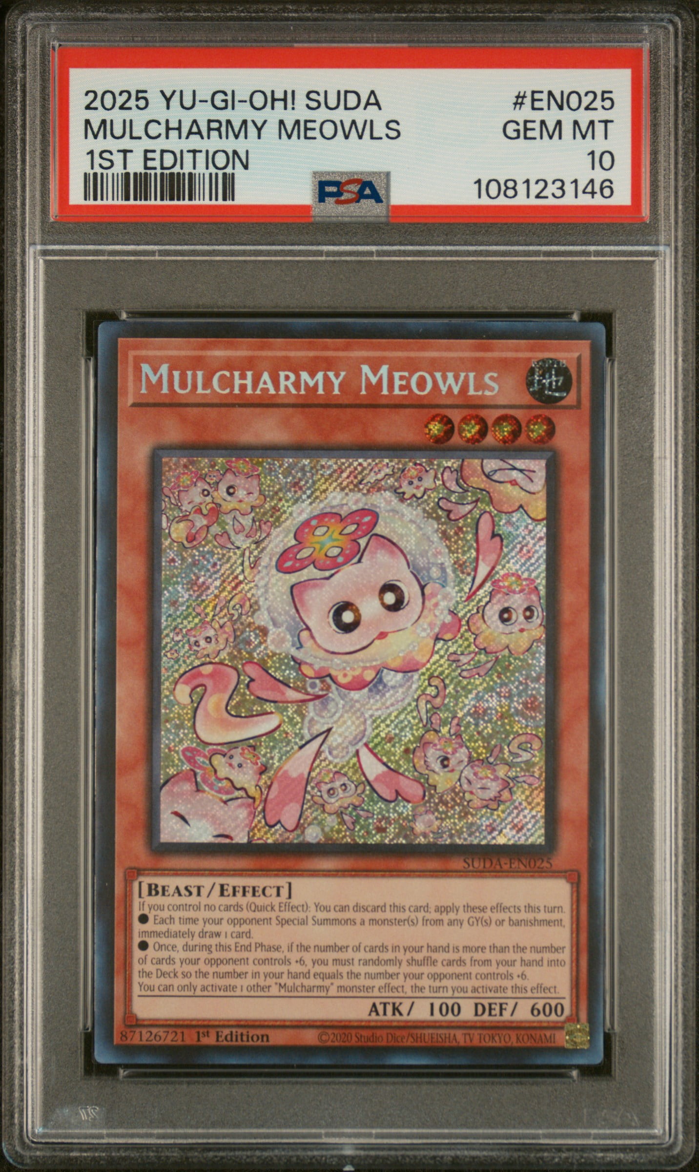 Yu Gi Oh! TCG, PSA Graded 10 GEM MINT, Mulcharmy Meowls Mulcharmy Meowls #EN025, Suda Supreme Darkness, Fully Encapsulated Bundle with Compatible Yu Gi Oh! Hard Sealed Case