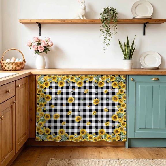 Yellow Sunflower Small Sink Skirt 10"Wx11"L,Dustproof Under Sink Curtain with Self Adhesive Tape,Summer Bee Floral Black White Plaid Cabinet Curtain Cover for Bathroom Vanity,Kitchen Storage Shelf,RV