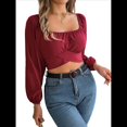 thumbnail image 1 of Blusa Corta con Volantes, Cuello Cuadrado y Fruncido para Mujer, Larga y Lazo Anudado Rojo Vino XL, 1 of 10