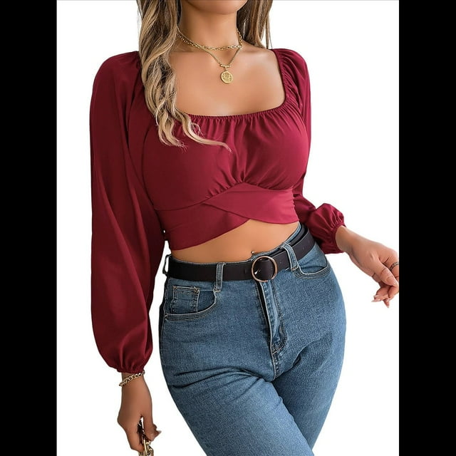 Blusa Corta con Volantes, Cuello Cuadrado y Fruncido para Mujer, Larga y Lazo Anudado Rojo Vino XL