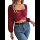 thumbnail image 1 of Blusa Corta con Volantes, Cuello Cuadrado y Fruncido para Mujer, Larga y Lazo Anudado Rojo Vino XL, 1 of 10