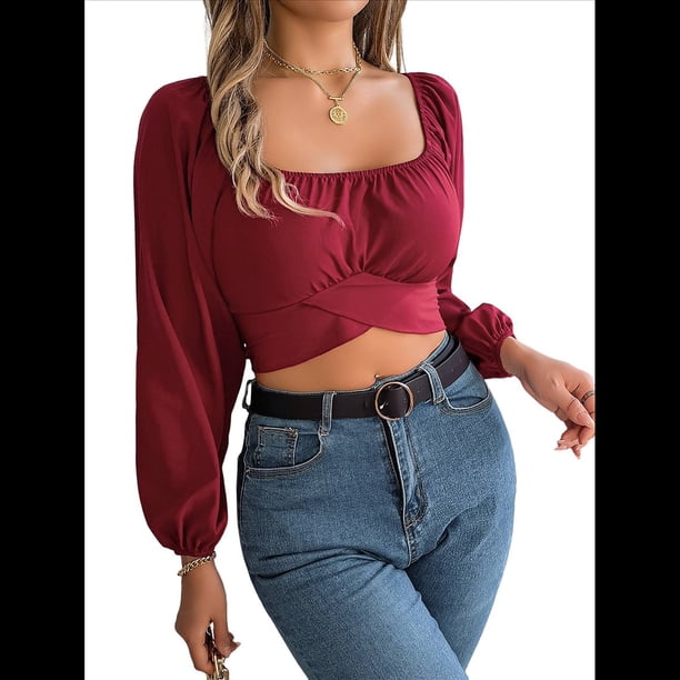 Blusa Corta con Volantes, Cuello Cuadrado y Fruncido para Mujer, Larga y Lazo Anudado Rojo Vino XL