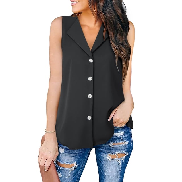 Camisetas sin mangas para mujer, estilo informal, elegante, con cuello en V, sin mangas, con botones, para trabajo, viaje de negocios