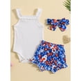 thumbnail image 2 of Wassery 4th of July Baby Girls Summer Outfit Sets 3 6 12 18 Months Infant Girl Independence Day Clothes Sleeveless Rib Knitted Romper+Floral/Rainbow Print Shorts + Headband 0-18M, 2 of 8