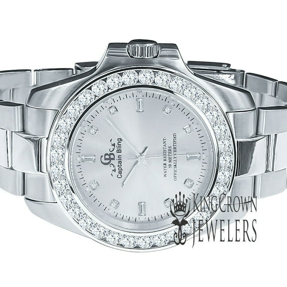 Mens Solid Steel Silver Dial Simulated Diamonds 18K White Gold Tone Watch 42mm