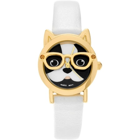 Brinley Co. Women's Faux Leather Dog Face Strap Fashion Watch, Gold/White