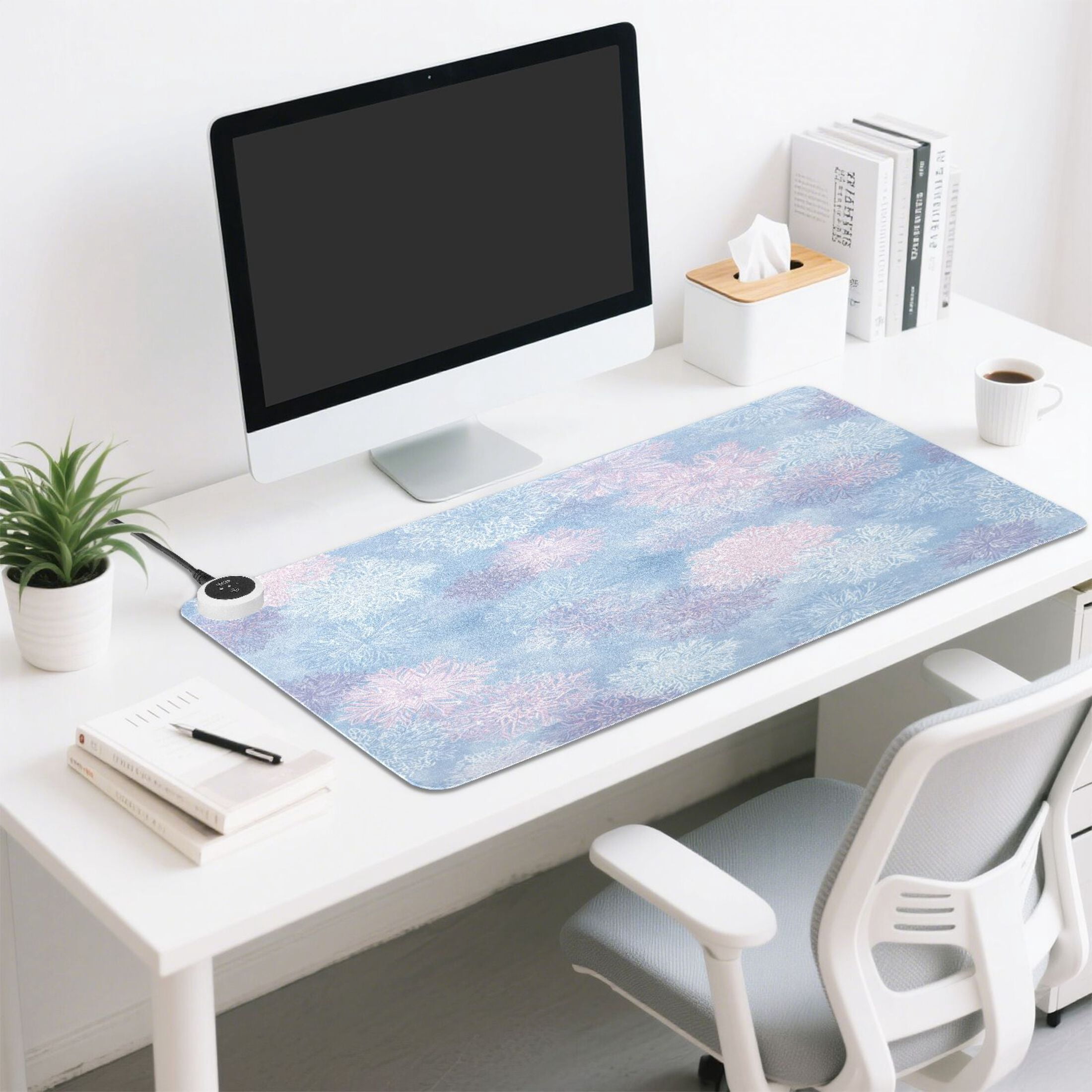 Large Heated Desk Mat Mouse Pad 31.5"x13"PU Leather Graphene Heating Desk Warmer with 3 Temperature Settings 110V US Plug Non-Slip Warm Pad for Home, Office, and Gaming Pale Blue Pink Snowflakes