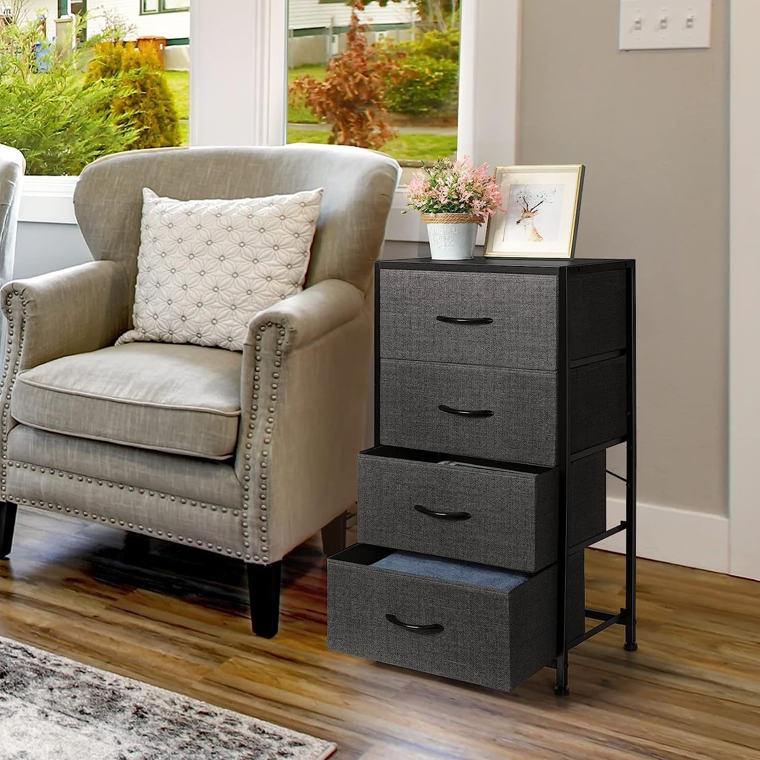 Dresser with 4 Drawers Chest Organizer with Foldable Fabric Bin, Wood Top and Steel Frame, Gray