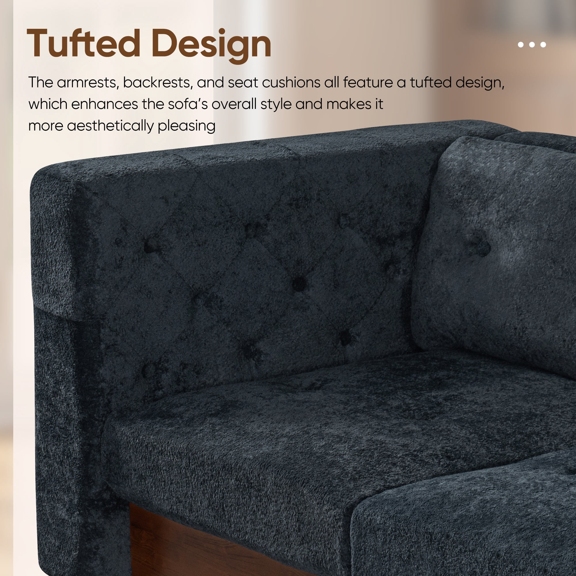 Lunale 78" Chenille 3-Seater Sofa, Modern Mid‑Century Upholstered Couch for Living Room, Apt., Tufted Design & Wood Legs, Blue