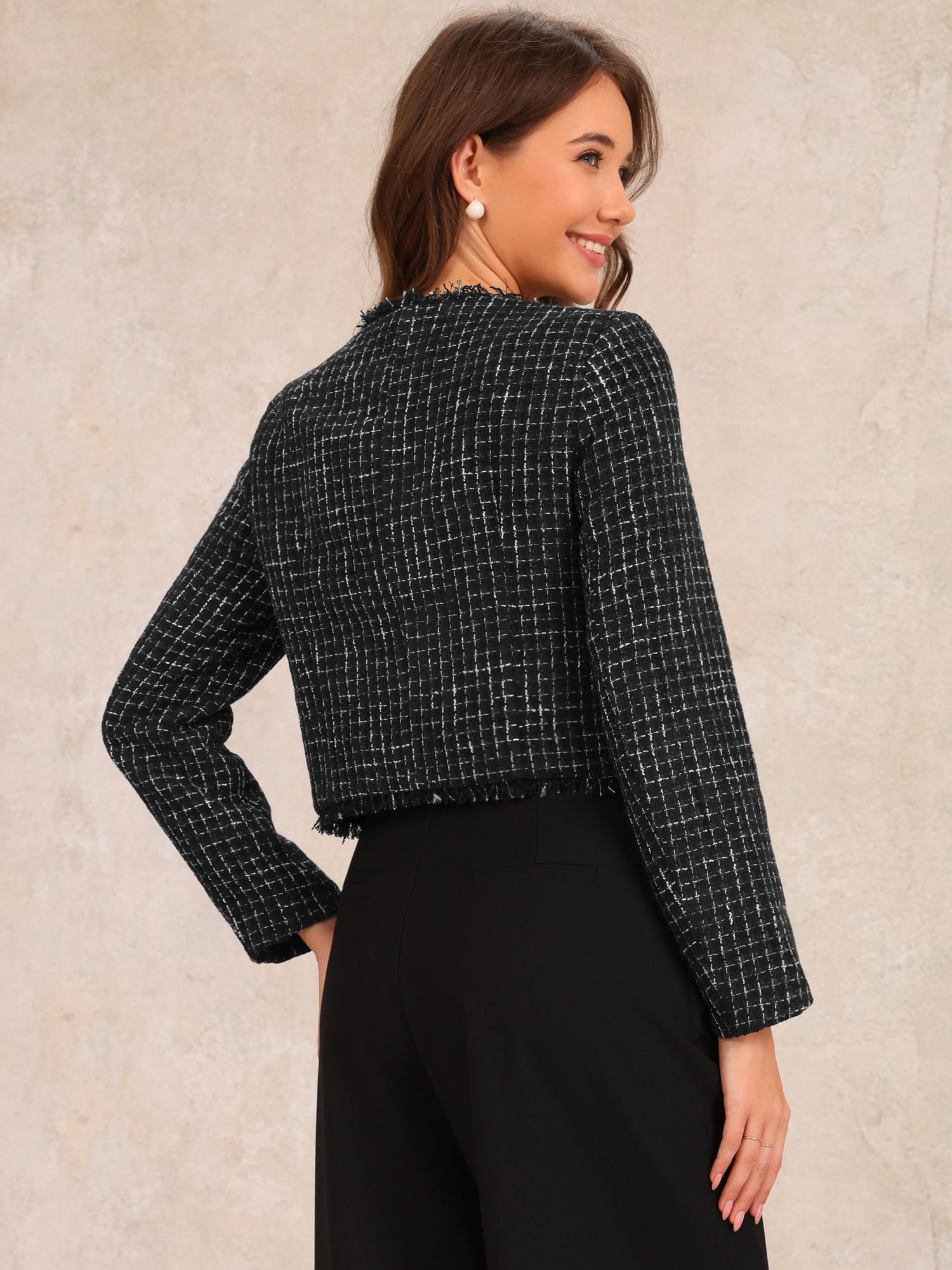 DARING DIVA Women's Plaid Tweed Cropped Button Up Elegant Work Jackets XL Black
