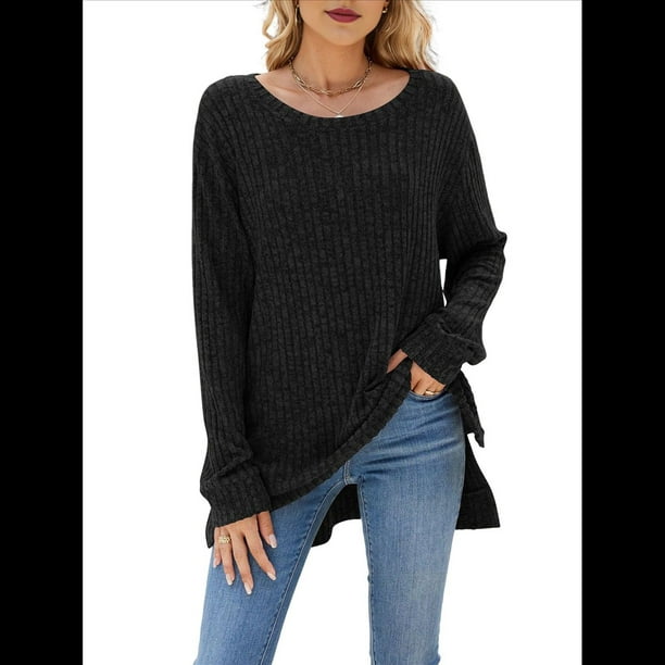 Suéter de Punto con Abertura Lateral Y2K para Mujer, Cuello Redondo, Larga, Blusa de Punto Liso con Abertura Lateral, Túnicas Negro M