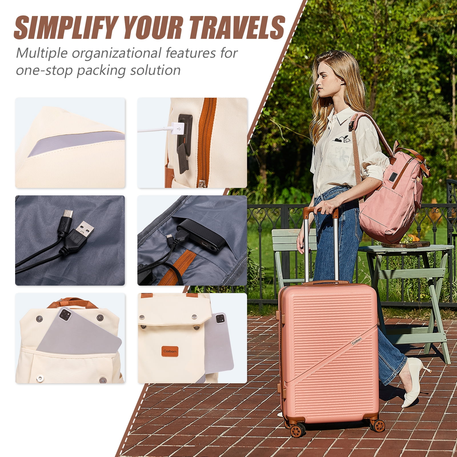 Cosbarn 5 Piece Luggage Sets ABS Hardshell Lightweight Suitcases Sets with TSA Lock Durable Spinner Wheels