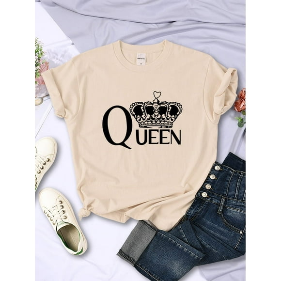 Queen'S Big Crown Printed Women T Shirts Breathable Summer Short Sleeve Street Hip Hop Tee Clothing O-Neck Casual Female Tops Khaki S