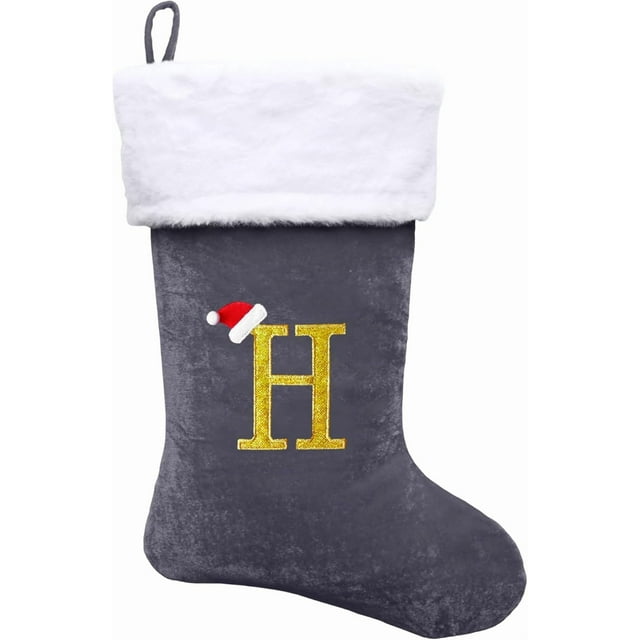 Dbfengbilian 21 Inches Christmas Stockings with Customizable Letters, Large Christmas Stockings with Super Soft Plush Cuff Embroidered Letter - Grey H