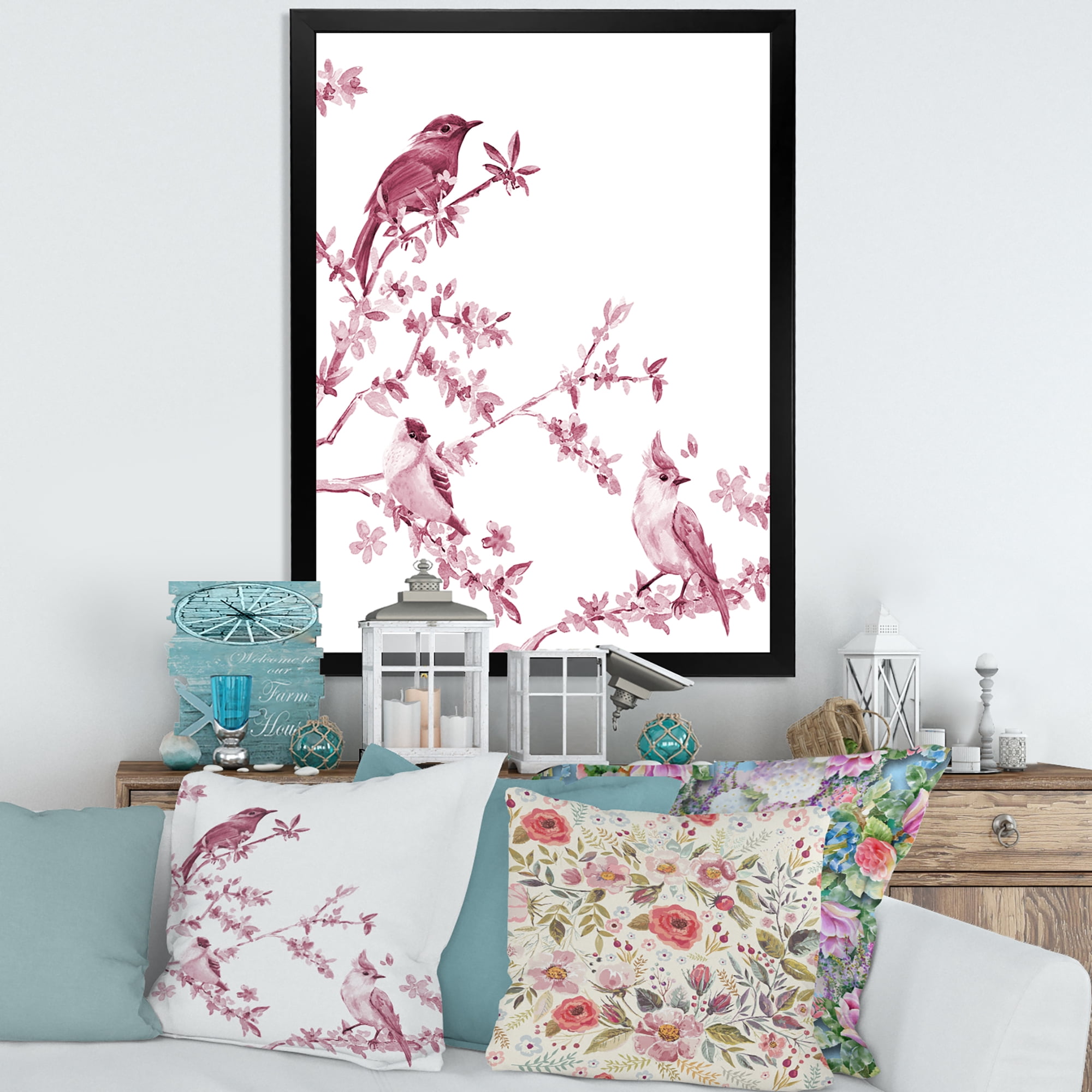 Beautiful Pink Birds Sitting On Flowering Branches 20 in x 20 in Framed Painting Canvas Art Print, by Designart