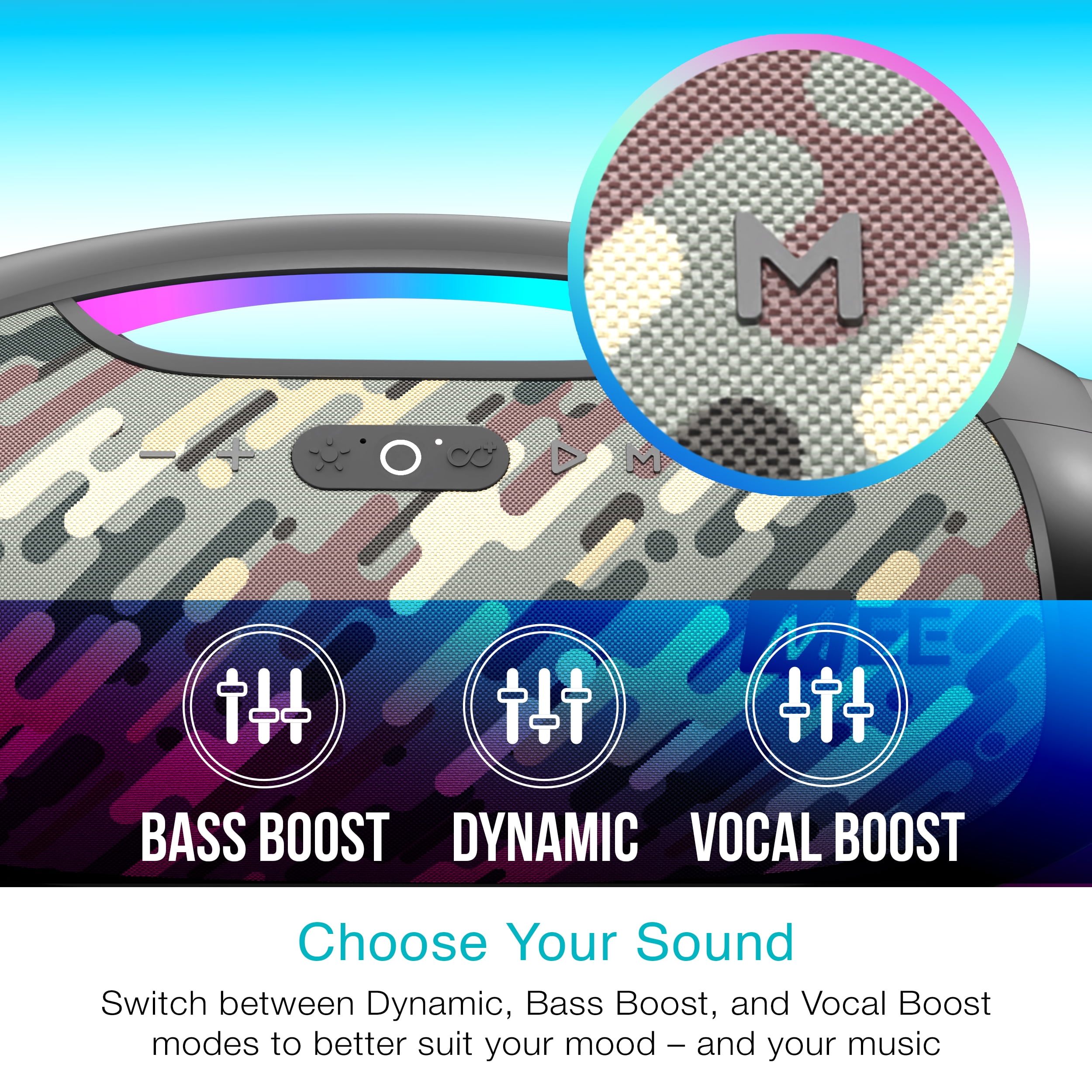 MEE audio partySPKR Bluetooth Wireless Speaker with Dynamic LED Lighting, 2 Subwoofers for Powerful Sound, Connect 100+ Together; Large Yet Portable for Indoor/Outdoor Use (Camo)