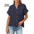 thumbnail image 3 of Sonducket Blusa de manga corta para mujer, camisa con botones y cuello en V para niñas, ropa de moda para oficina y banquete, Top de verano para Prendas para la parte del cuerpo Azul oscuro XXL, 3 of 5