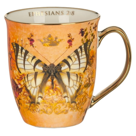

Christian Art Gifts Large Ceramic Novelty Scripture Coffee & Tea Mug for Women: Grace - Ephesians 2:8 Inspirational Bible Verse Floral Butterfly Orange & White 16 oz.