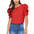thumbnail image 2 of WAIIMAK Summer Womens Tops Solid Color Round Neck Blouse Pleated Puff Short Sleeve Tops, 2 of 6