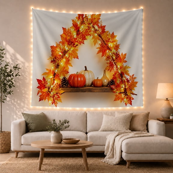 Autumn Maple Leaves Arch with String Lights in Cream Room, Cozy Rustic for Nature Lovers, Harvest Wall Art Decor, Thanksgiving Gift, Tapestry Wall Hanging for Living Room and Bedroom