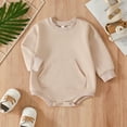 thumbnail image 4 of ZHOGXU Infant Boy Girl Romper Solid Color Crew Neck Long Sleeve Bodysuit With Pocket For Casual Daily Wear,Beige,0-3 Months, 4 of 9