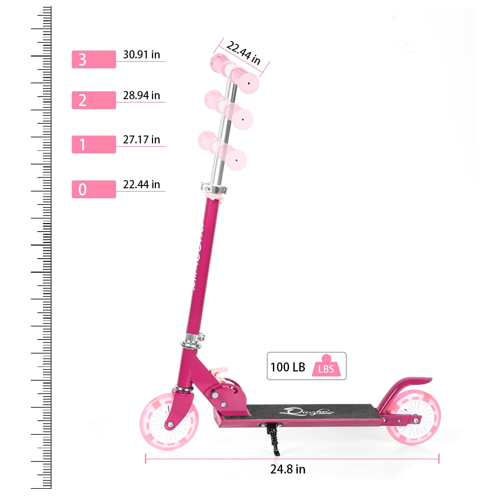 Scooter With 2 Wheels, for Kids Ages 6+, Kickstand Foot Support, Adjustable Height & Foldable, Fuchsia