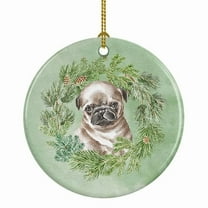 Pug Puppy Fawn Head Tilt Christmas Wreath Ceramic Ornament 2.8 in x 2.8 in