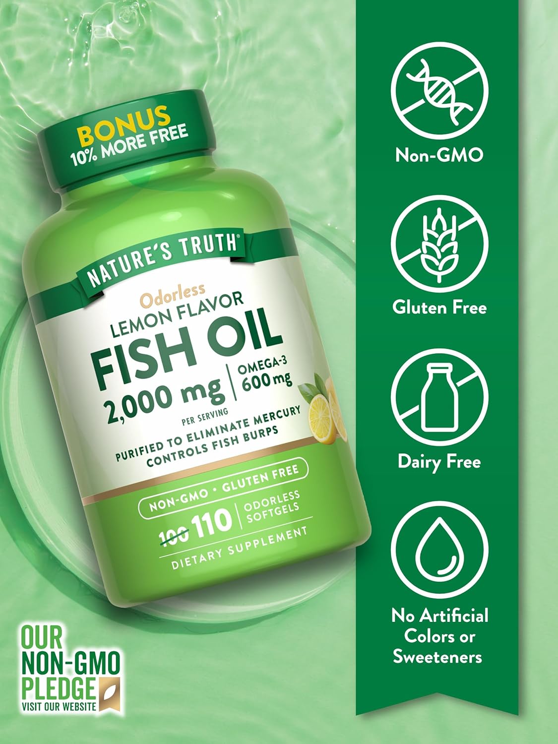 Odorless Fish Oil 2000mg | 110 Liquid Softgels | Omega 3, Burpless Supplement | by Nature's Truth