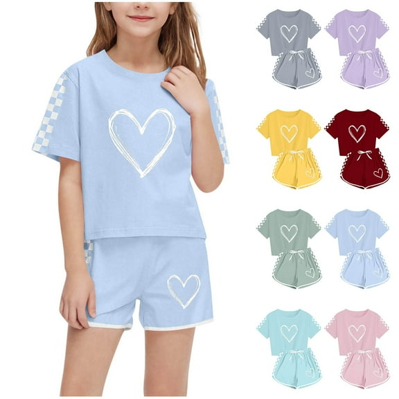 Piuwrlz Kids Outfit Set for Girls Summer Short Sets Printed Round Neck Tight Shirt T-Shirt and Shorts Set Sky Blue Size 7 Years